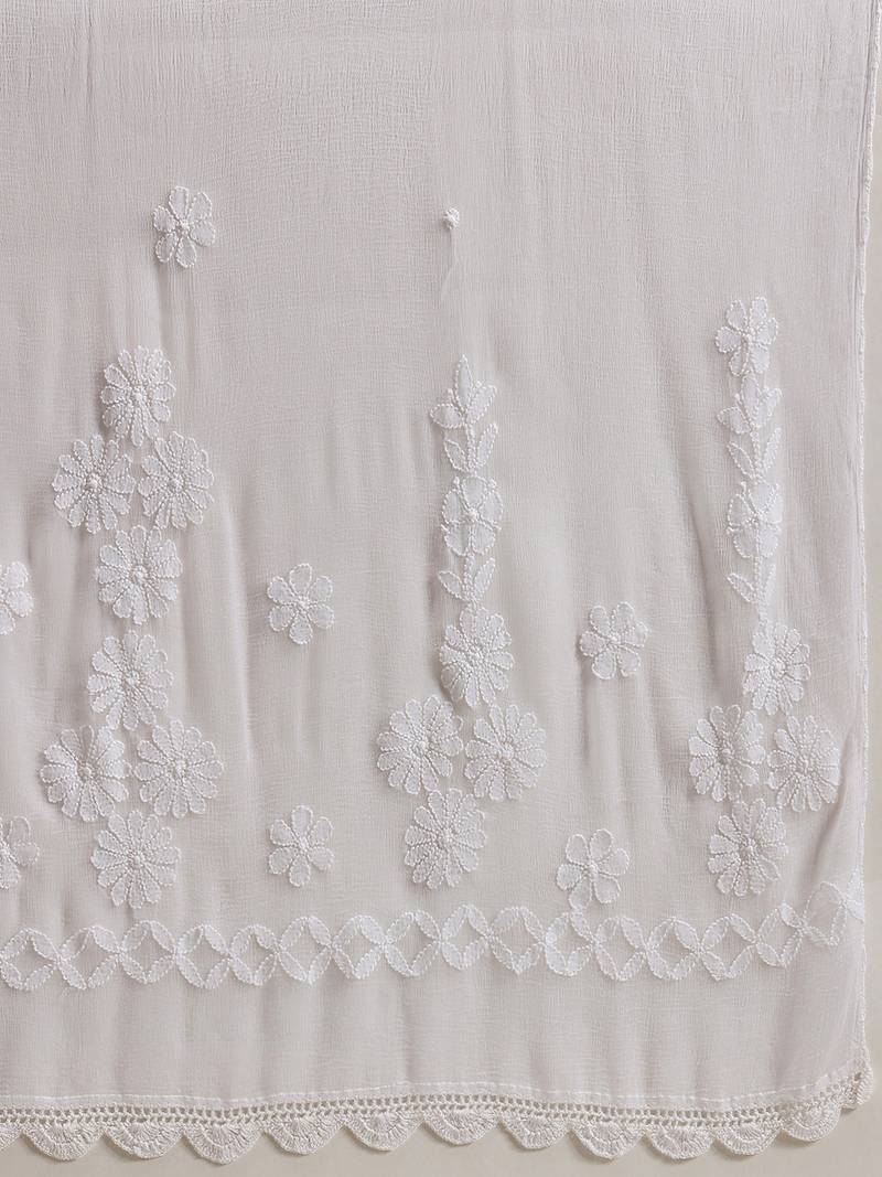 Hand Embroidered White Chiffon Lucknowi Chikankari Dupatta
