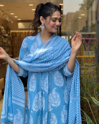 Blue printed rayon Anarkali set 2