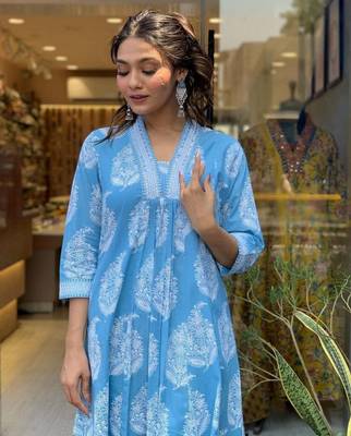 Blue printed rayon Anarkali set 3