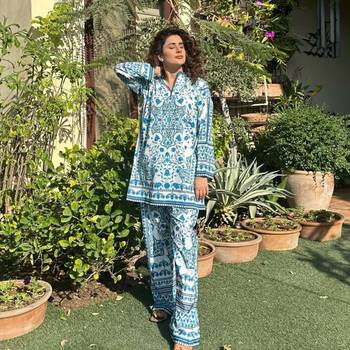 White & blue printed rayon co-ord set 1