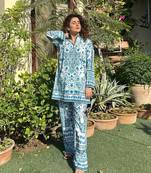 White & blue printed rayon co-ord set