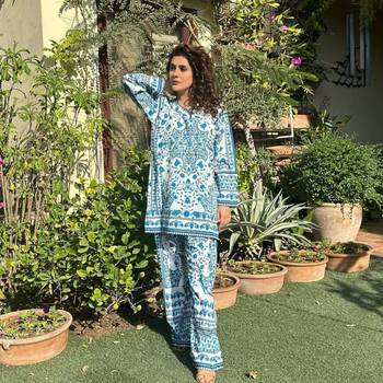 White & blue printed rayon co-ord set 2