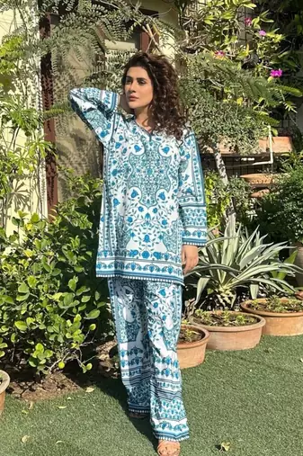 White & blue printed rayon co-ord set