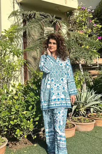 White & blue printed rayon co-ord set
