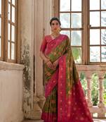 Women's mehendi banarasi silk blend zari woven traditional saree with blouse