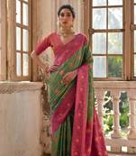 pista green banarasi silk blend zari woven traditional saree with blouse