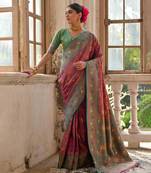 Women's wine banarasi silk blend zari woven traditional saree with blouse