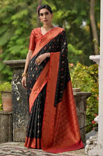 black banarasi silk blend zari woven traditional saree with blouse