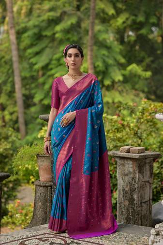 blue banarasi silk blend zari woven traditional saree with blouse