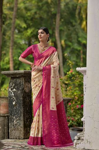 cream banarasi silk blend zari woven traditional saree with blouse