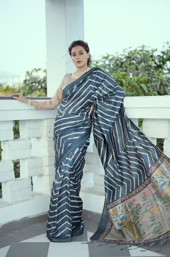 Women's blue tussar silk leheriya print with zari border saree with blouse