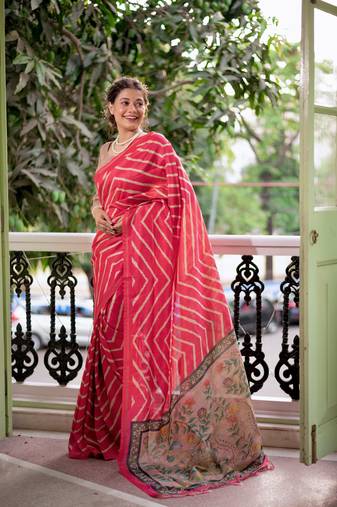 Women's gajri tussar silk leheriya print with zari border saree with blouse