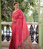 Women's gajri tussar silk leheriya print with zari border saree with blouse