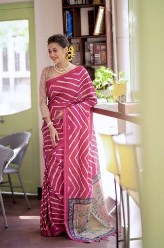 Women's pink tussar silk leheriya print with zari border saree with blouse
