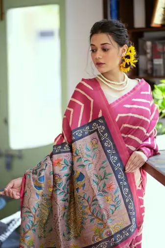 Women's pink tussar silk leheriya print with zari border saree with blouse