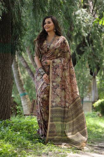 Women's coffee soft tussar silk printed and zari woven saree with blouse