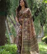 Women's coffee soft tussar silk printed and zari woven saree with blouse