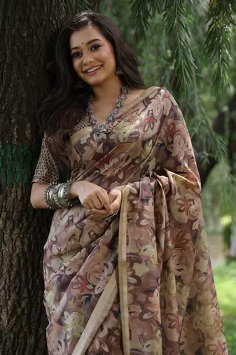 Women's coffee soft tussar silk printed and zari woven saree with blouse