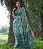 Women's sky blue soft tussar silk printed and zari woven saree with blouse