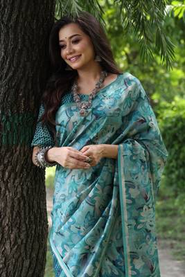 Women's sky blue soft tussar silk printed and zari woven saree with blouse 3