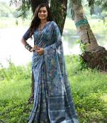 Women's blue soft tussar silk printed and zari woven saree with blouse