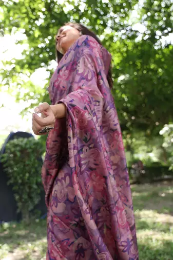 Women's purple soft tussar silk printed and zari woven saree with blouse