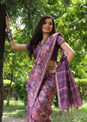 Women's purple soft tussar silk printed and zari woven saree with blouse 3
