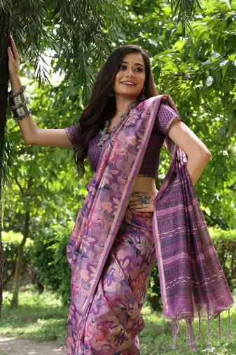 Women's purple soft tussar silk printed and zari woven saree with blouse