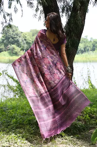 Women's purple soft tussar silk printed and zari woven saree with blouse