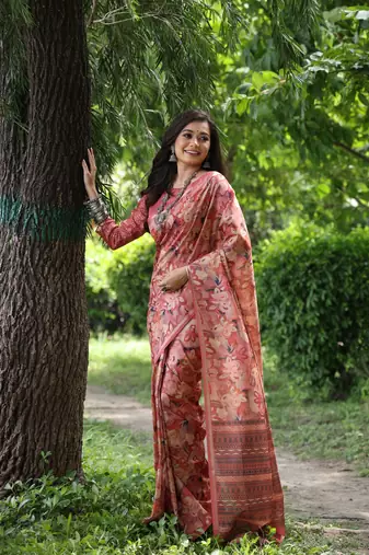 Women's maroon soft tussar silk printed and zari woven saree with blouse