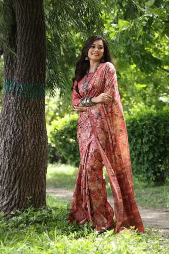 Women's maroon soft tussar silk printed and zari woven saree with blouse