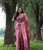 Women's wine soft tussar silk printed and zari woven saree with blouse