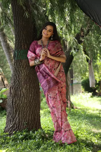 Women's wine soft tussar silk printed and zari woven saree with blouse