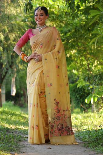 Women's mustard soft muga cotton floral weaving traditional saree with blouse