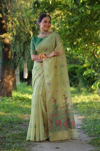 Women's sea green soft muga cotton floral weaving traditional saree with blouse