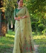 Women's sea green soft muga cotton floral weaving traditional saree with blouse