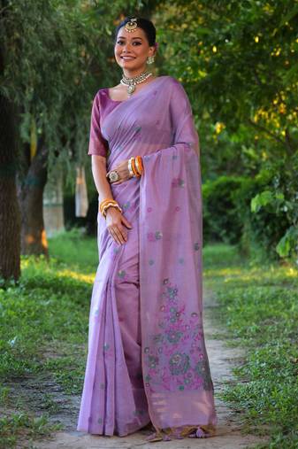 Women's purple soft muga cotton floral weaving traditional saree with blouse
