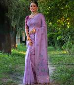 Women's purple soft muga cotton floral weaving traditional saree with blouse