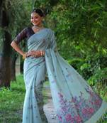 Women's sky blue soft muga cotton floral weaving traditional saree with blouse