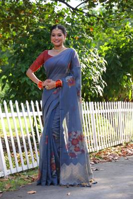 Women's blue soft muga cotton resham jamdani weaving traditional saree with blouse 1