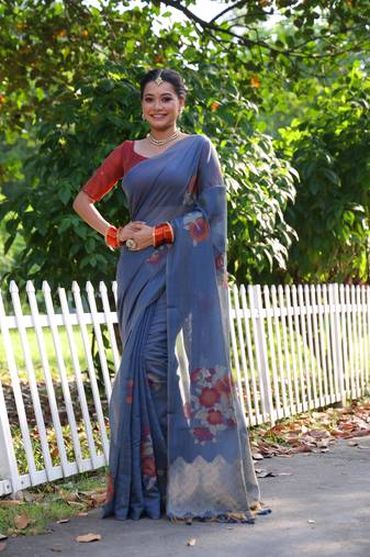Women's blue soft muga cotton resham jamdani weaving traditional saree with blouse