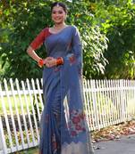 Women's blue soft muga cotton resham jamdani weaving traditional saree with blouse