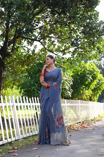 Women's blue soft muga cotton resham jamdani weaving traditional saree with blouse