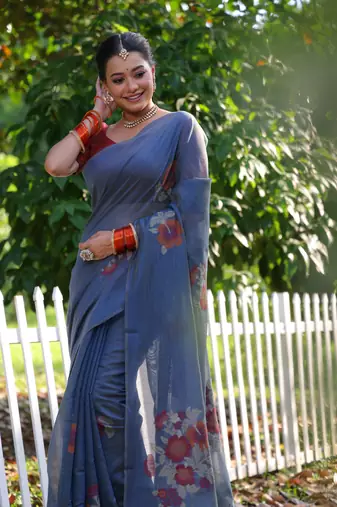 Women's blue soft muga cotton resham jamdani weaving traditional saree with blouse