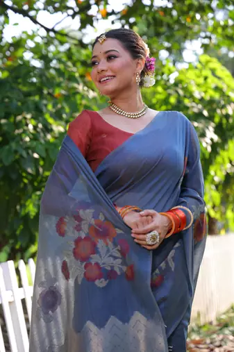 Women's blue soft muga cotton resham jamdani weaving traditional saree with blouse