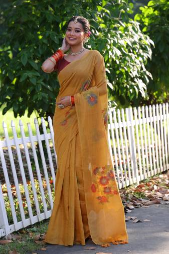 Women's mustard soft muga cotton resham jamdani weaving traditional saree with blouse