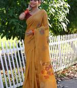 Women's mustard soft muga cotton resham jamdani weaving traditional saree with blouse