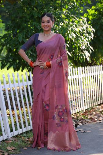 Women's pink soft muga cotton resham jamdani weaving traditional saree with blouse