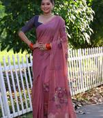 Women's pink soft muga cotton resham jamdani weaving traditional saree with blouse