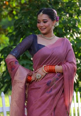 Women's pink soft muga cotton resham jamdani weaving traditional saree with blouse 3